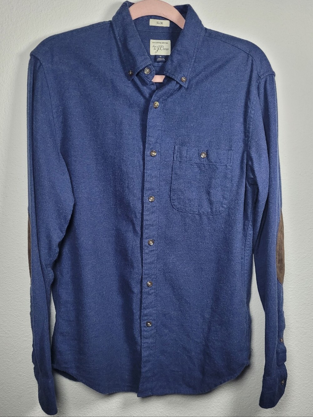 J.Crew Mens Slim Flannel Shirt Blue Suede Elbow Patches Button Down Small Preppy